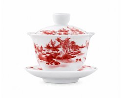 Porseleinen Gaiwan met Rood Landschap - Gong Fu Cha zetmethode - Traditioneel Theekopje met Deksel - Losse thee - 175 ML