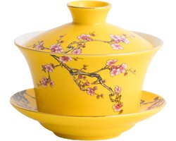 Porseleinen Gaiwan Theekop - Theekom met deksel Chinese theekop - Thee Zetten - Reliëf Pruimenpatroon - 300 ml - Geel