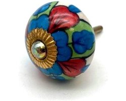 Porseleinen Knop Bladerenmotief blauw, rood en groen 40mm handgeschilderd