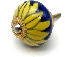 Porseleinen Knop Blauw / Gele Bloem 40mm handgeschilderd