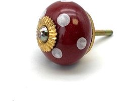 Porseleinen Knop Bordeaux Rood met witte stippen 40mm handgeschilderd