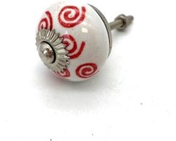 Porseleinen Knop Wit met rode spiralen 40mm handgeschilderd
