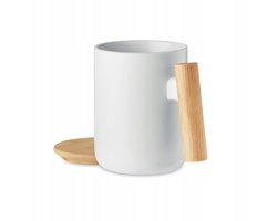 Porseleinen Mok met Bamboe Deksel en Handvat - 380ml - Cadeau Idee