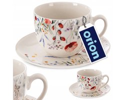 Porseleinen Mok met Schotel 260ml - Bloemen Klaprozen