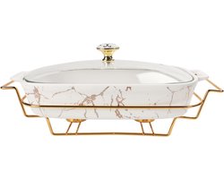 Porseleinen Ovenschaal met Glazen Deksel en Rooster voor Buffet en Catering