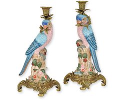 Porseleinen papegaai kandelaars met bronzen montuur – Set decoratieve vogel kandelaar set – stijlvolle kaarsenhouders voor woonkamer en sfeervolle tafeldecoratie