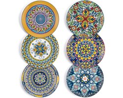 Porseleinen saladebord, 21 cm, Kleurrijk ontbijtbord, Keramisch dessertbord, 6-delige set kleine ronde borden met patroon en kleurrijk - Bohemian stijl.