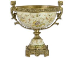 Porseleinen schaal op voetstuk van brons – decoratieve schaal met bronzen monturen – antieke stijl centerpiece voor tafel of kast