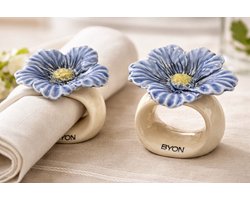 Porseleinen Servetring Poppy - Blauw – Set van 2 | Luxe Bloem Servetringen voor Gedekte Tafel