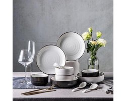 Porseleinen Servies Set - Borden en Kommen - Eettafel Dekken - Uniek Glans-Mat Effect - 12 Delig - Zwart Wit Gemengd