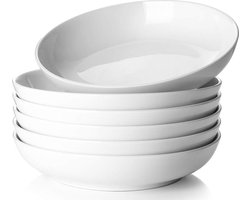 Porseleinen slakom grote keramische witte soepkomset serveerborden voor salade pasta - vaatwasmachinebestendig - 880 ml - set van 6