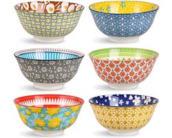 Porseleinen Soep Granen Kommen Set - Keramische Keuken Kommen - 23oz - 6 Kleurrijke Patroon Leuke Kom Sets - 155 cm Diep - Havermout - Haver - Noedel - Vaatwasser bestendig - Magnetron veilig
