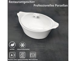 Porseleinen soeppan Ovaal ovenschaal met handgrepen 1500 ml Frans wit keramiek bakgerei set met deksel, magnetron- vaatwasser- oven- en koelkastbestendig (24 cm)
