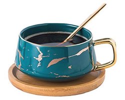 Porseleinen theekop koffiemok set met houten schotel - marmeren patroon