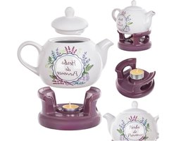 Porseleinen Theepot - Koffiepot Theepot - Thee Warm Houden - Met Theelicht Houder - 1 Liter - Paars Wit