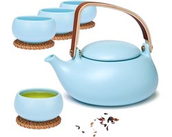 Porseleinen theepot met zeefinzet, 800 ml houten handvat mat Japans theeservies keramiek met 4 kopjes en rotan onderzetter voor losse thee cadeau / blauw