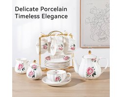Porseleinen theeservies - geschikt voor high tea - set van 6 - roze Flowera