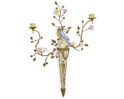 Porseleinen wanddecoratie met bronzen standaard – Papegaai design – Wandkandelaar met twee kaarsenhouders – Luxe vintage wanddecoratie