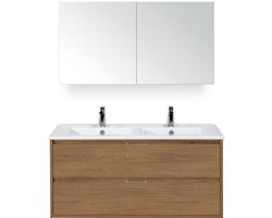 Porto Badmeubelset 120 cm - 2 Laden Honey - Keramische Wastafel Wit Slim met Spiegelkast