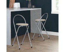 Porto Fold Compact – Set van 2 Opklapbare Barkrukken – Eiken Look & Zilver – Inklapbare Barstoelen met Rugleuning – 61 cm Zithoogte – Geen Montage Nodig Casa Serena