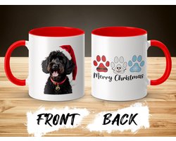 Portuguese Water, Portugees water Kerstmok met hond, rode binnenkant, zwarte poedel, kerstthema mok, schattige hond, kerstcadeau mok, feestelijke beker