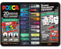 Posca graffiti verfmarker set metalen koffer 20 stuks stickers.