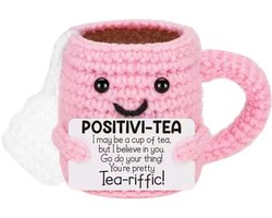 Positive Tea - Positieve Vriendjes - Theepot - Cadeau Artikel - Gehaakt Poppetje - 6,5x10 cm - motivatie cadeau - theeliefhebber - feelgood cadeau