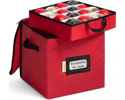 Posity Kerstballen Opbergbox – Kerstballen Opbergdoos / Kerstballenbox / Opbergbox Kerst – Voor 64 Kerstballen – Met Handvat & Ritssluiting – Rood