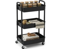 Posity Keukentrolley op wieltjes – Serveerwagen / Opbergtrolley / Keukenrek / Trolley Keuken – Verrijdbaar en Vast – 3 Lagen – Kunststof – Zwart