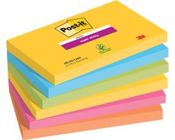 Post-it® Super Sticky Notes, Kleurenset Rio, Neon geel, Mediterraan blauw, Neon Groen, Fuchsia, Neon oranje , 76mm x 127 mm, 6 blokken