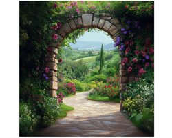 Poster 100x100 cm - Doorkijk - Landschap - Bloemen - Pad - Uitzicht - Posters - Kamer decoratie - Wanddecoratie woonkamer - Muurdecoratie slaapkamer XXL