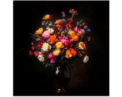 Poster 100x100 cm - Kleurrijk - Boeket - Vaas - Donkerbruin - Posters - Kamer decoratie - Wanddecoratie woonkamer - Muurdecoratie slaapkamer XXL