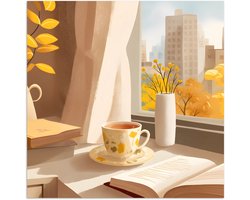 Poster 100x100 cm - Thee - Boek - Thee - Herfst - Posters - Kamer decoratie - Wanddecoratie woonkamer - Muurdecoratie slaapkamer XXL