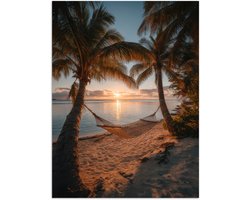Poster 120x160 cm - Palmbomen - Hangmat - Strand - Zonsondergang - Posters - Kamer decoratie - Wanddecoratie woonkamer - Muurdecoratie slaapkamer XXL