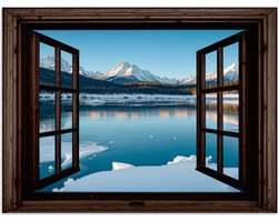 Poster 120x90 cm - Doorkijk - Winterlandschap - Meer - Bergen - Uitzicht - Posters - Kamer decoratie - Wanddecoratie woonkamer - Muurdecoratie slaapkamer