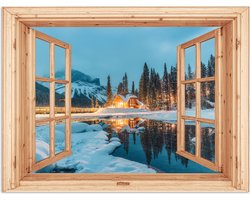 Poster 120x90 cm - Winterlandschap - Natuur - Huis - Bergen - Doorkijk - Raam - Posters - Kamer decoratie - Wanddecoratie woonkamer - Muurdecoratie slaapkamer