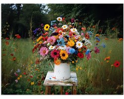 Poster 160x120 cm - Bloemen - Krukje - Gieter - Veld - Posters - Kamer decoratie - Wanddecoratie woonkamer - Muurdecoratie slaapkamer XXL