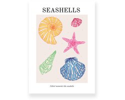 Poster 20x30 cm - Seashells - Strand - Roze - Blauw - Minimalistisch - Boho - Muurdecoratie - Wanddecoratie