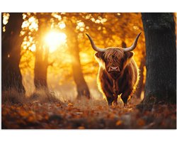 Poster 30x20 cm - Schotse hooglander - Bos - Herfst - Dieren - Natuur - Bladeren - Posters - Kamer decoratie - Wanddecoratie woonkamer - Muurdecoratie slaapkamer