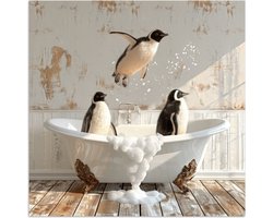 Poster 30x30 cm - Vintage - Pinguïn - Badkuip - Schuim - Posters - Wanddecoratie badkamer - Muurdecoratie WC - Decoratieve accessoires - Toilet muur decoratie