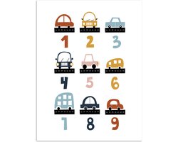 Poster 30x40 cm - Getallen - Educatief - Leren tellen - Cijfers oefenen voor kinderen - Auto's - Voertuigen - Posters - Kamer decoratie accessoires - Wanddecoratie kinderkamer - Muurdecoratie babykamer