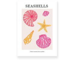 Poster 30x40 cm - Seashells - Strand - Roze - Geel - Minimalistisch - Boho - Muurdecoratie - Wanddecoratie