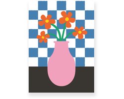 Poster 30x40 cm - Vaas met Bloemen - Geblokte Tegels - Roze - Blauw - Vintage - Eclectisch - Muurdecoratie - Wanddecoratie