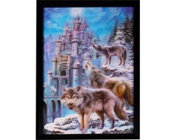 Poster 3D met Lijst - Huilende Wolven Sneeuw Bos & Kasteel - 43x33cm