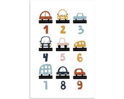 Poster 40x60 cm - Getallen - Educatief - Leren tellen - Cijfers oefenen voor kinderen - Auto's - Voertuigen - Posters - Kamer decoratie accessoires - Wanddecoratie kinderkamer - Muurdecoratie babykamer