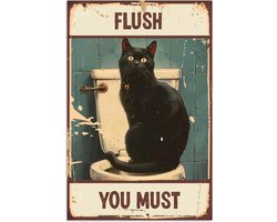 Poster 40x60 cm - Kat - Vintage - Zwart - Quote - Flush you must - Posters - Wanddecoratie badkamer - Muurdecoratie WC - Decoratieve accessoires - Toilet muur decoratie