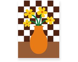 Poster 50x70 cm - Vaas met Bloemen - Geblokte Tegels - Bruin - Oranje - Vintage - Eclectisch - Muurdecoratie - Wanddecoratie