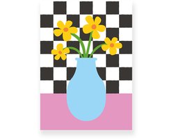 Poster 50x70 cm - Vaas met Bloemen - Geblokte Tegels - Roze - Blauw - Vintage - Eclectisch - Muurdecoratie - Wanddecoratie