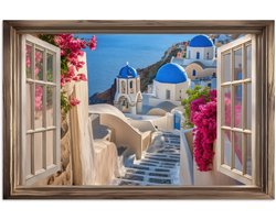 Poster 60x40 cm - Doorkijk - Santorini - Landschap - Blauw - Grieks - Posters - Kamer decoratie - Wanddecoratie woonkamer - Muurdecoratie slaapkamer