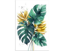 Poster 60x90 cm - Bladeren - Monstera - Groen - Goud - Modern - Posters - Wanddecoratie badkamer - Muurdecoratie WC - Decoratieve accessoires - Toilet muur decoratie